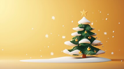 A vibrant Christmas tree decorated with a star and snowflakes, set against a warm golden background for festive cheer.