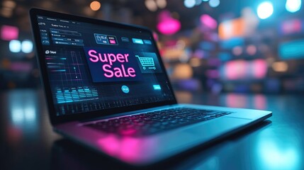 Laptop with Super Sale Sign on Screen Displaying Bright Colors and Shopping Icons