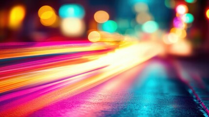 Colorful light trails from moving vehicles illuminate the night city street, creating a vibrant and dynamic urban atmosphere