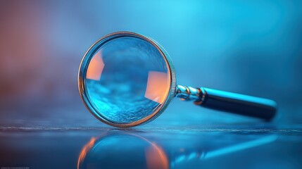 A close-up of a magnifying glass on a reflective surface.