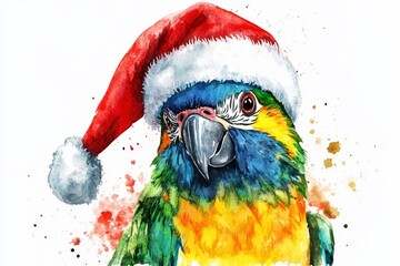 Wall Mural - A colorful parrot wearing a Santa hat, a festive watercolor illustration symbolizing Christmas, joy, celebration, winter, and wildlife.