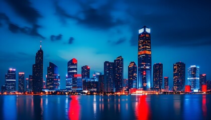 Wall Mural - Vibrant Nighttime City Skyline Showcasing Illuminated Skyscrapers and Atmospheric Lighting in Captivating Blue and Red Tones Reflecting Urban Energy and Modern Architecture