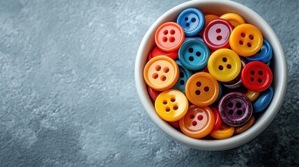 A bowl filled with colorful buttons on a textured surface.