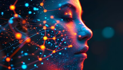 Futuristic human face illuminated by glowing neon network nodes and pathways, embodying artificial intelligence and digital connectivity against a dark backdrop