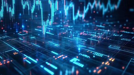 Abstract digital financial data visualization with glowing graphs and charts on a dark background.