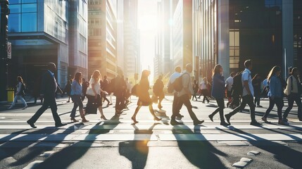 urban commuters crossing street at sunrise in bustling cityscape