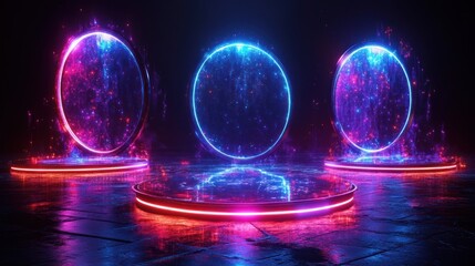 Wall Mural - Neon Portals, Glowing Circles of Light, Futuristic Abstract