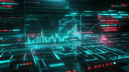 Abstract digital interface with dynamic graphs and glowing elements against a dark background.
