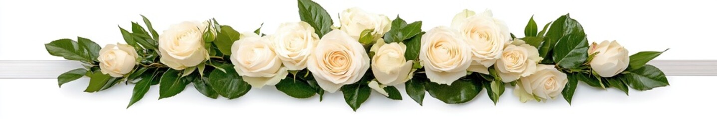 Banner of a garland of picked roses, layout in a row. White background, 6:1 for website, bridal graphic resources