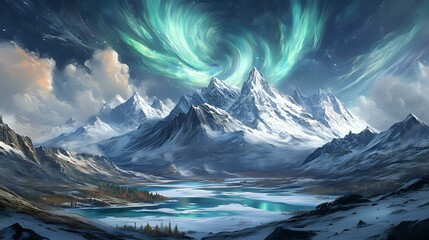 Snow-capped peaks loom over a vast tundra dotted with icy lakes and sparse trees as the northern lights swirl in the sky creating an ethereal glow