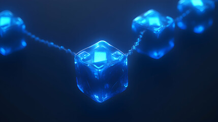 Abstract image of glowing blue cubes connected by a chain.