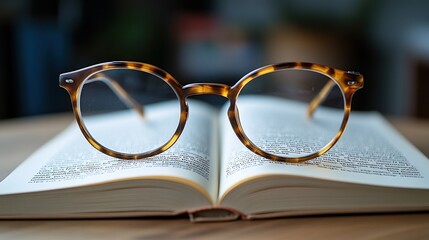 Wall Mural - Glasses resting on an open book, inviting reading and study.