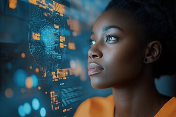 Side view of woman with coding in background 