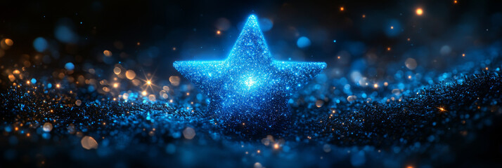 Sticker - A glowing blue star shines brightly on a dark, sparkly background.