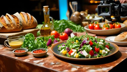 Dynamic cooking show featuring chef influencers preparing a flavorful mixed salad with dressing, complemented by freshly baked bun bread, captured live for an engaging culinary experience.