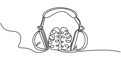 Vector continuous one line brain listening music with headphone illustration, One continuous line drawing of human brain listening to music using wire headphone logo icon. Smart dj logotype symbol