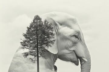  close-up shot of the elephant's silhouette overlapping with the intricate details of the forest canopy.