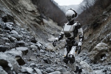 Wall Mural - A humanoid robot deployed in a mountainous region prone to landslides, monitoring soil stability, providing early warnings, and assisting in rescue operations, navigating through unstable and hazardou