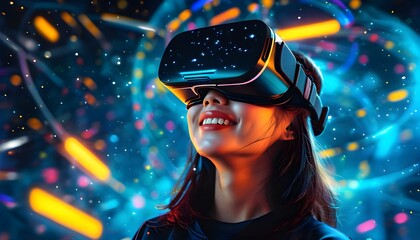 Exciting exploration of a vibrant neon metaverse with a smiling Asian woman in a starry zodiac virtual space filled with stunning nebulae and cosmic wonders