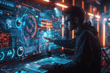 Wall Mural - a man is using a computer to interact with a virtual world