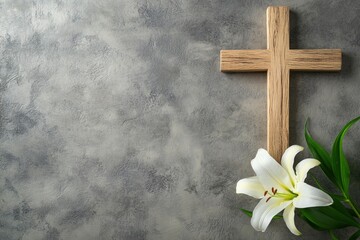 Wall Mural - Wooden cross and lily on grey background with space for text, top view .generative ai