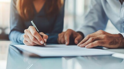 Canvas Print - A close-up of two people collaborating at a table, one writing on paper while the other observes, suggesting engagement and teamwork in a professional setting.