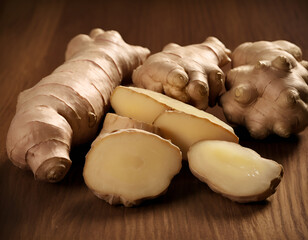 root, ginger root on wooden board, ginger root on wooden table