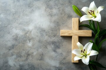 Wall Mural - Wooden cross and lily on grey background with space for text, top view .generative ai