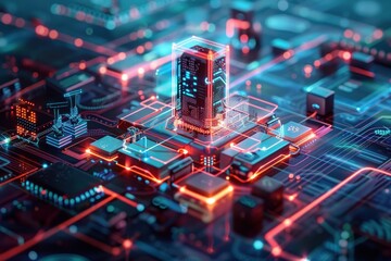 Poster - a computer chip with a building on it