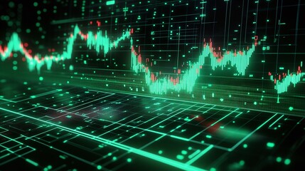 Wall Mural - Digital stock market chart with green and red data visualizations on a dark background.