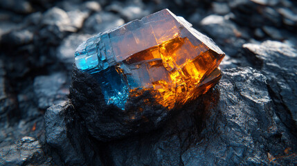 Sticker - A vibrant, two-toned crystal resting on dark rock.