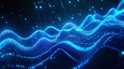 Wall Mural - Dynamic blue wave patterns with glowing particles on a dark background.