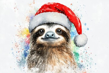 Wall Mural - Adorable watercolor illustration of a sloth wearing a Santa hat, a perfect blend of cute and festive.  This adorable animal symbolizes joy, relaxation, and the spirit of Christmas.