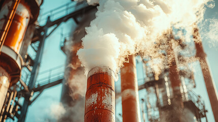 A large red pipe is spewing smoke into the air