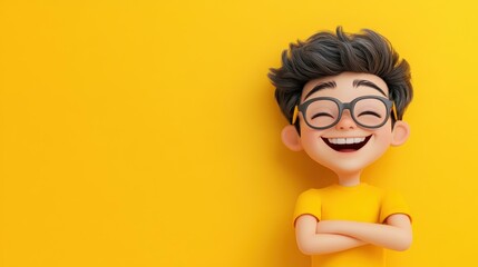 Canvas Print - Bright and joyful 3D cartoon of a young man with glasses, capturing laughter and warmth in a vibrant setting.