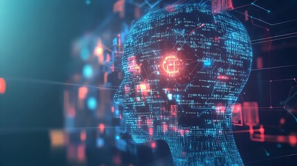 An abstract AI illustration depicting a human head surrounded by digital data streams and binary code, symbolizing the concept of artificial intelligence.