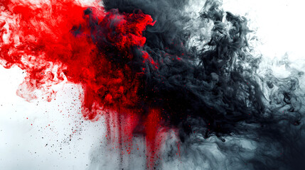 Wall Mural - red and black ink collide with each other in the air on a white background and paint particles fly i