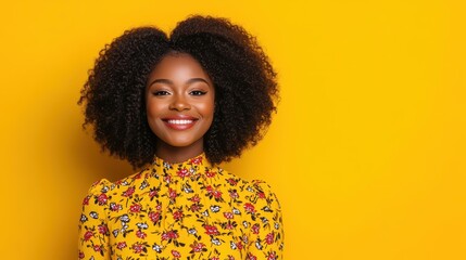 Poster - A joyful woman in a yellow floral dress radiates happiness against a bright yellow backdrop, embodying positive vibes.