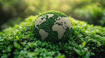 A globe made of plants sits on top of a green field