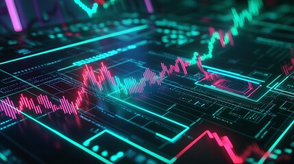 Futuristic digital trading interface with colorful stock market graphs and indicators on a dark background.