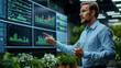 © Lerson - man is presenting crop reports in modern boardroom, surrounded by greenery and digital displays showing data analysis. His expression conveys focus and professionalism