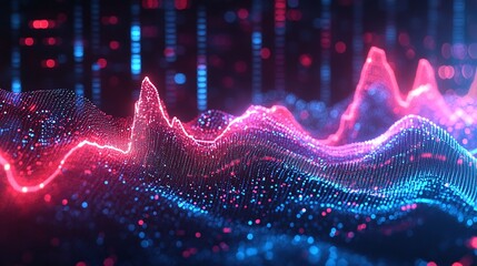 Wall Mural - Vibrant digital waves representing data visualizations with glowing blue and pink hues, set against a dark background.