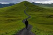 © Stock AI - Solitary Figure Walking Along Serene Winding Path Through Lush Green Hills Under Cloudy Sky in Breath-taking Landscape