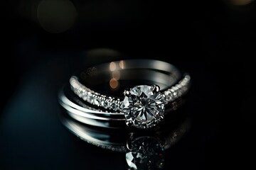 Close-up shot of a wedding ring placed against a black background, emphasizing elegance and highlighting the timeless beauty of marriage .generative ai