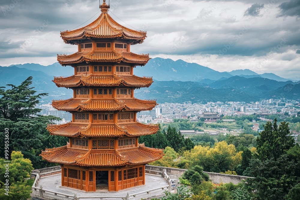 Ancient Chinese wooden pagoda in a vast open plain, traditional architecture with layered flying eaves, solemn and majestic, red-brown wood structure, surrounded by a sprawling city with green trees, 