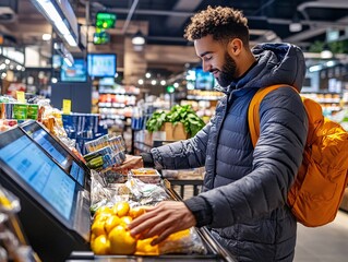 Man buying fruit at the grocery store.