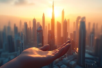 Wall Mural - Dubai city on hand 3d concept background. amazing city at sunrise, United Arab Emirates. generative ai