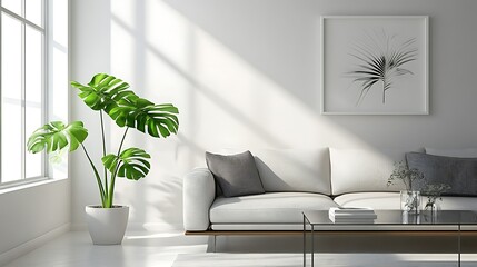 Bright, modern living room with plants and artwork.