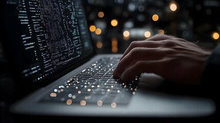 Coding on Laptop, Late Night Work, Programmer Typing Code on Keyboard