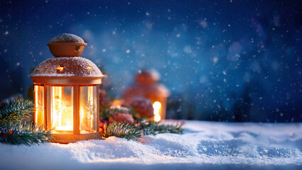 Poster - Lantern on the background of the winter forest. Christmas background.